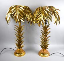 A Pair of Modern Gilt Metal Tall Table Lamps in the Form of Palm Trees, 73.5cms High