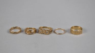 A Collection of Five 9ct Gold Rings to include Bark Effect Example, Tricolour Example, Elephant