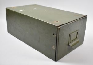 A Vintage Green Painted Metal Card Filing Box, 23cm Wide x 47cm Deep and 15cm high