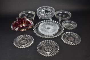 A Collection of Various Cut and Moulded Glass, Coloured Glass Trefoil Bowl etc