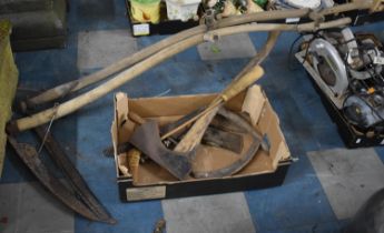 Two Vintage Wooden Handled Scythes, Axe and Other Tools