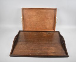 A Large Two Handled Wooden Tray, 61cms by 46cms together with a Smaller Oak Example and Two Brass