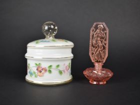 An Art Deco Frosted Pink Glass Perfume Bottle with Squat Cut Belly and Large Stopper Finial Having