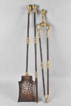 A Set of Three Brass Mounted and Iron 19th Century Long Handled Fire Irons, Poker 73cms Long