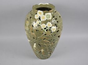 A Large Early/Mid Century Japanese Reticulated Glazed Vase the Body Decorated in Relief with