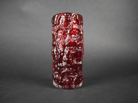 A Whitefriars Ruby Red Glass Bark Vase by Geoffrey Baxter, 19cm high