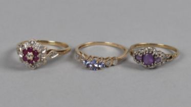 Three 9ct Gold Mounted Jewelled Rings to include Diamond and Tanzanite, Amethyst and Diamond and
