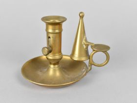 A Reproduction Brass Bedchamber Stick with Snuffer, Circular Tray, 10.5cms Diameter