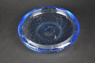 A Whitefriars Blue Art Glass Bullicante Bowl by Geoffrey Baxter c.1960's, 25cm diameter