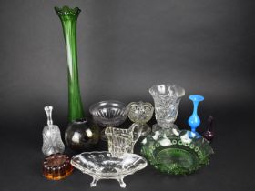 A Collection of Various Moulded and Coloured Glass to Comprise Float, Tall Green Glass Vase, Blue