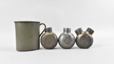 Three Vintage German Metal Gun Oil Bottles together with an Enamelled Jug, 10cms High