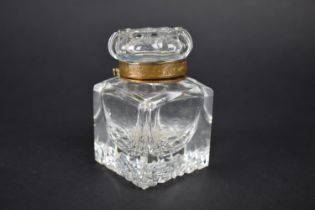 An Early Cut Glass Crystal Inkwell with Gilt Brass Collar Hexagonal Hobnail Hinged Lid, 10cms High