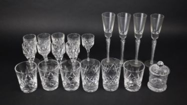 A Collection of Cut Glass to Comprise Set of Four Air Twist Long Stemmed Fluted Glasses, Set of