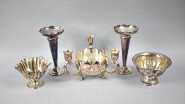 A Pair of Silver Plated Trumpet Vases and Three Planter Bowls