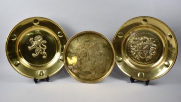 A Pair of Mid 20th Century Circular Brass Wall Hanging Armorial Plaques, 36cms Diameter together