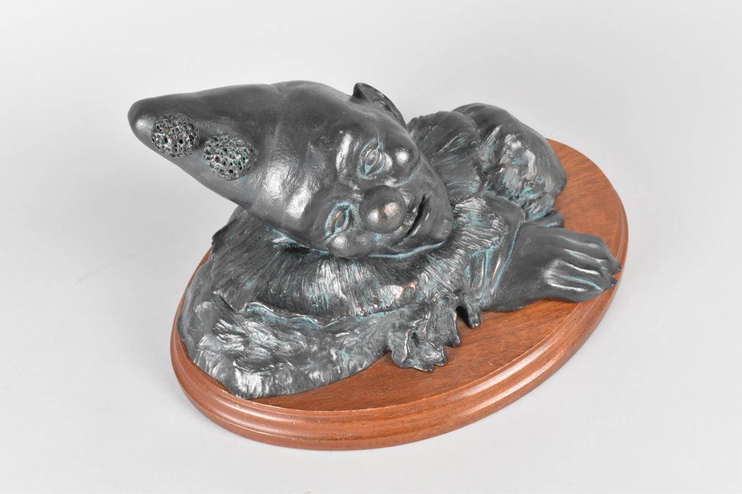 A Modern Resin Bust of a Clown in Green Patinated Bronze Finish on Oval Plinth, 26cms Wide