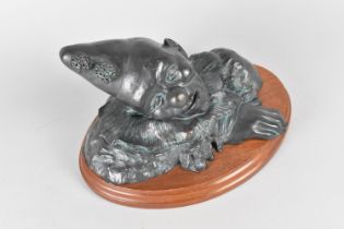 A Modern Resin Bust of a Clown in Green Patinated Bronze Finish on Oval Plinth, 26cms Wide