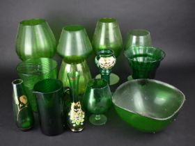 A Collection of Large Pieces of Green Glass to Comprise Pedestal Vases, Jug etc