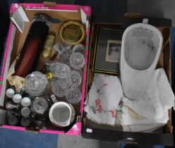 Two Boxes of Various Glassware, Vase, Ceramics, Egg Cups, Framed Prints, Table Linen etc