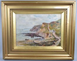 A Gilt Framed Naive Oil on Canvas, Coastal Cliffs with Cottage, 39x28cm