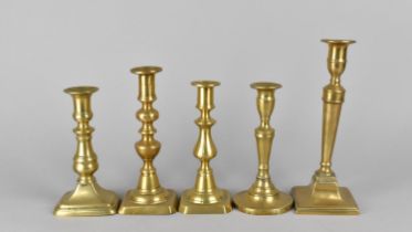 A Collection of Five Various Brass Candlesticks, Tallest 24cms High