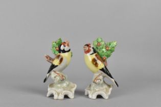 A Pair of Ceramic Birds, Goldfinch Perched in Tree, 11cm high
