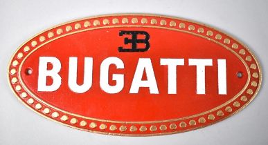 A Reproduction Cold Painted Cast Metal Oval Sign for Bugatti, 34.5cms Wide +VAT