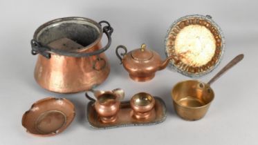 A Collection of Various Copper and Brass Items to Comprise Cooking Pot with Iron Handle, Teapot,