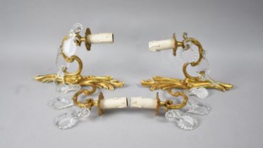 A Pair of French Gilt Bronze Two Branch Wall Lights with Droppers, 27cms High