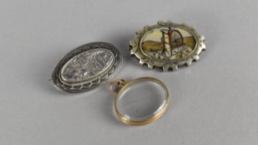 Two Silver Brooches, the One with Reverse Painted on Glass Decoration Detailing Water Wheel and