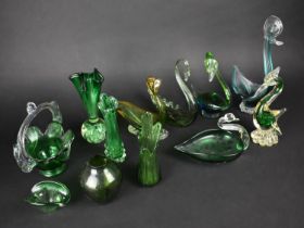 A Collection of Various Mid/Late 20th Century Coloured Glass to Comprise Murano Type Bird, Swan