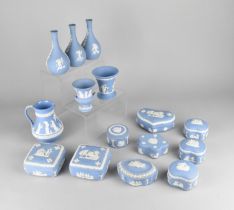 Fifteen Pieces of Wedgwood Jasperware to Comprise Bottle Vases, Vases, Jug and Lidded Boxes