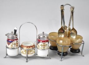 An Edwardian Ceramic and Silver Plated Three Piece Cruet and a Silver Plate and Horn Egg Cup