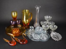 A Collection of Various Coloured and Plain Glassware to Comprise Amber Glass Bowl, Swans, Jug,