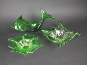 Three Pieces of Mid/late 20th Century Green Studio Art Glass to Comprise Twisted Glass Bowls,