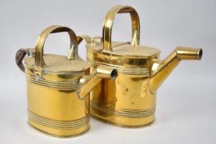 Two Late 19th Century Brass Water Cans with Hinged Lids, Tallest 29cms High