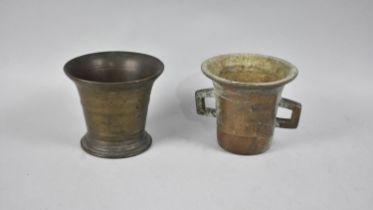 An Early Bronze Two Handled Mortar, 12cms Diameter and 10.5cms Hig together with a Plain Bronze