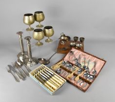 A Collection of Silver Plated Items to Comprise Pair of Candlesticks, Goblets, Salts, Flatware etc