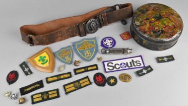 A Vintage Boy Scouts Tin Containing Various Scout Collectables to include Belt, Patches, Shield Etc