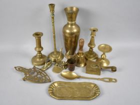 A Collection of Various Brasswares to include Handbell, Vase, Candlestick Etc