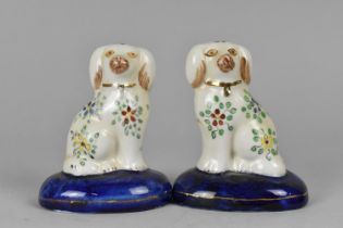 A Pair of Staffordshire Type Dogs, Modelled Seated Upon Oval Domed Base, 8cm high