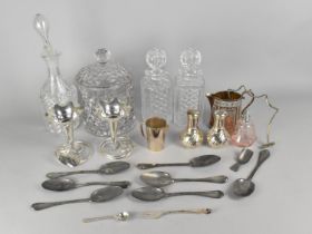 A Collection of Various Glass and Metal Wares to Comprise Cut Glass Decanters, Biscuit Barrel,
