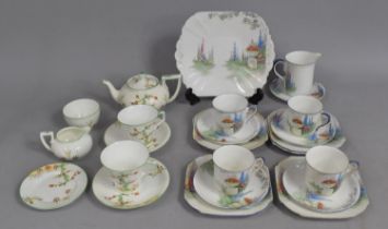 A Shelley Art Deco Tea Set decorated with Garden Scene having Foxgloves and Urn of Flowers