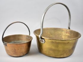 A Vintage Large Brass Jam Kettle, 34cms Diameter and a Smaller Copper Example, 20cms Diameter