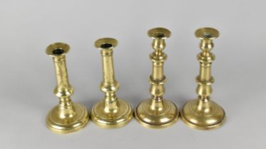 Two Pairs of Late Victorian Brass Candlesticks with Pushers, Tallest 21.5cms High