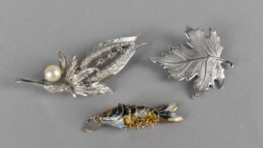 Two Silver Brooches Marked 925 and Sterling Along with Articulated Enamel Fish Pendant