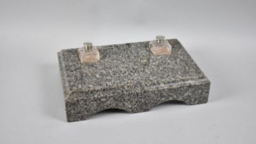 A Rectangular Granite Desktop Inkstand with Two Ink Bottles and Pen Trough, 29.5x19.5cms