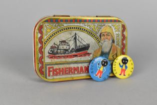 A Vintage "Fisherman's Friend" Tin Containing Two Robertson's Golden Shred Lapel Badges