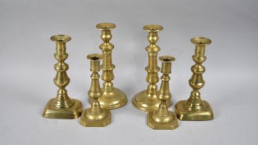 Three Pairs of Victorian Brass Candlesticks, With Pushers, Talles 21cms