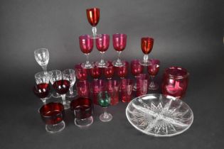 A Collection of Various Coloured and Plain Glass to Comprise Cranberry Glass Sherries, Tumblers etc